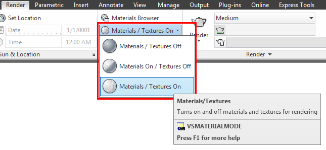 Turning on materials in AutoCAD 2012
